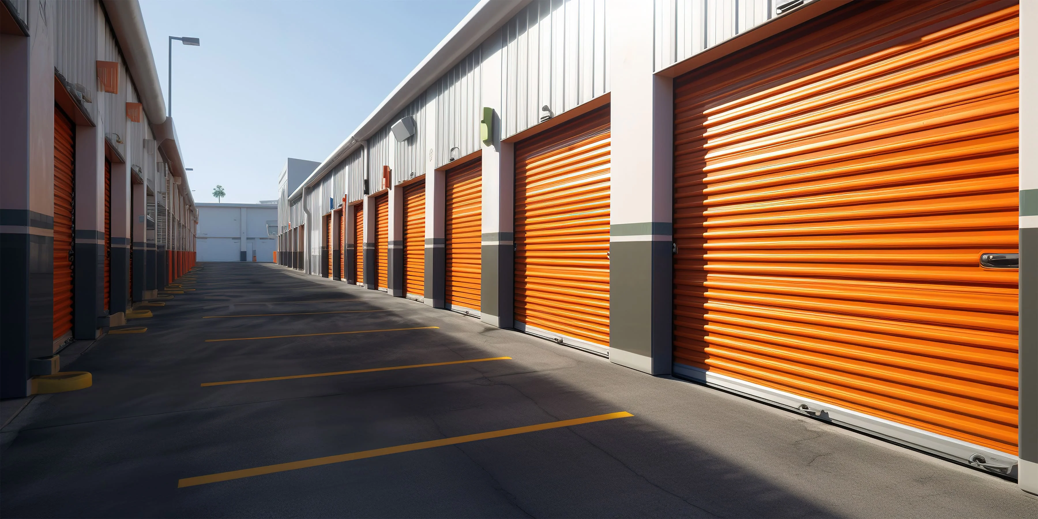 Modern self-storage facility with orange storage unit doors